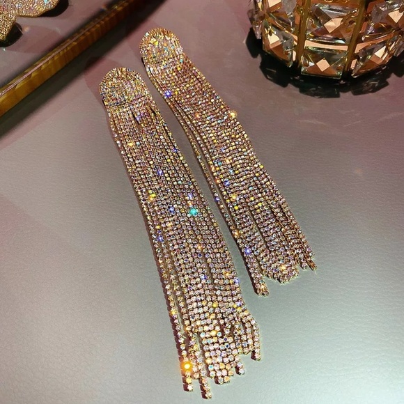 LONG TASSEL SILVER DIAMOND DANGLE EARRINGS - Picture 5 of 6